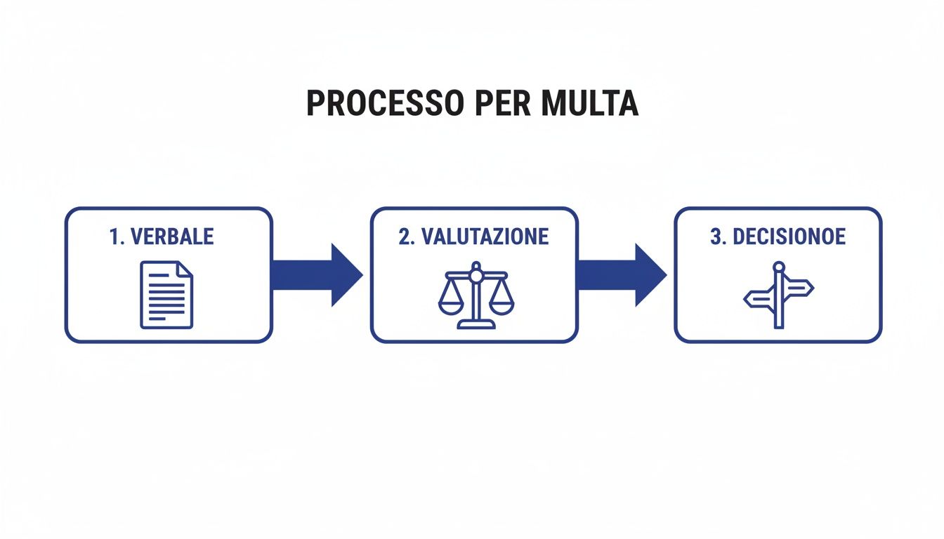 Diagramma di flusso che illustra il processo per una multa, con fasi di verbale, valutazione e decisione.