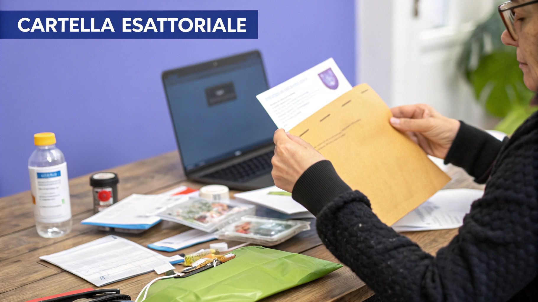 Una persona analizza attentamente una cartella esattoriale su una scrivania