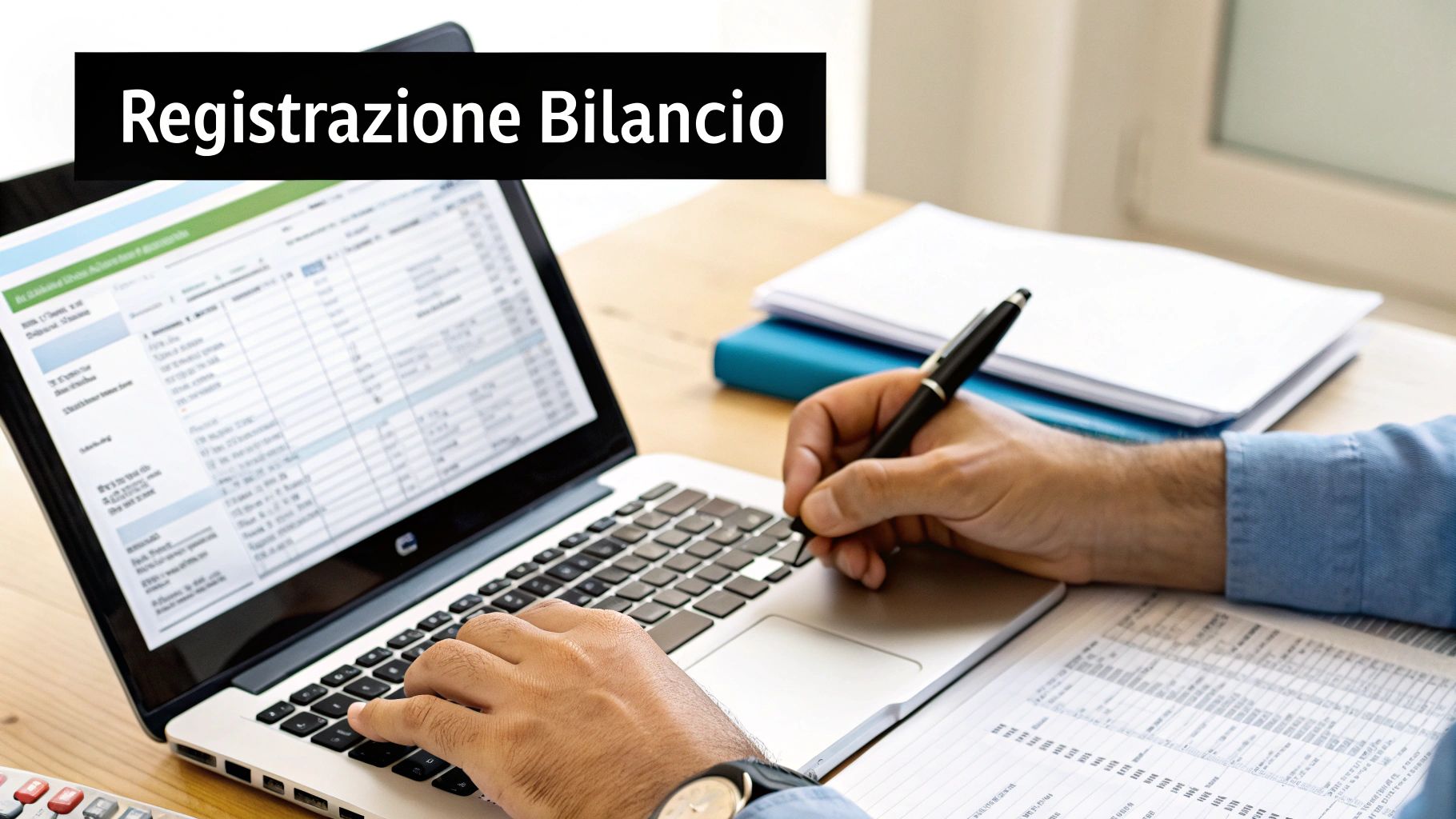 Mani che lavorano su un laptop e scrivono su documenti con una penna, mostrando 'Registrazione Bilancio'.