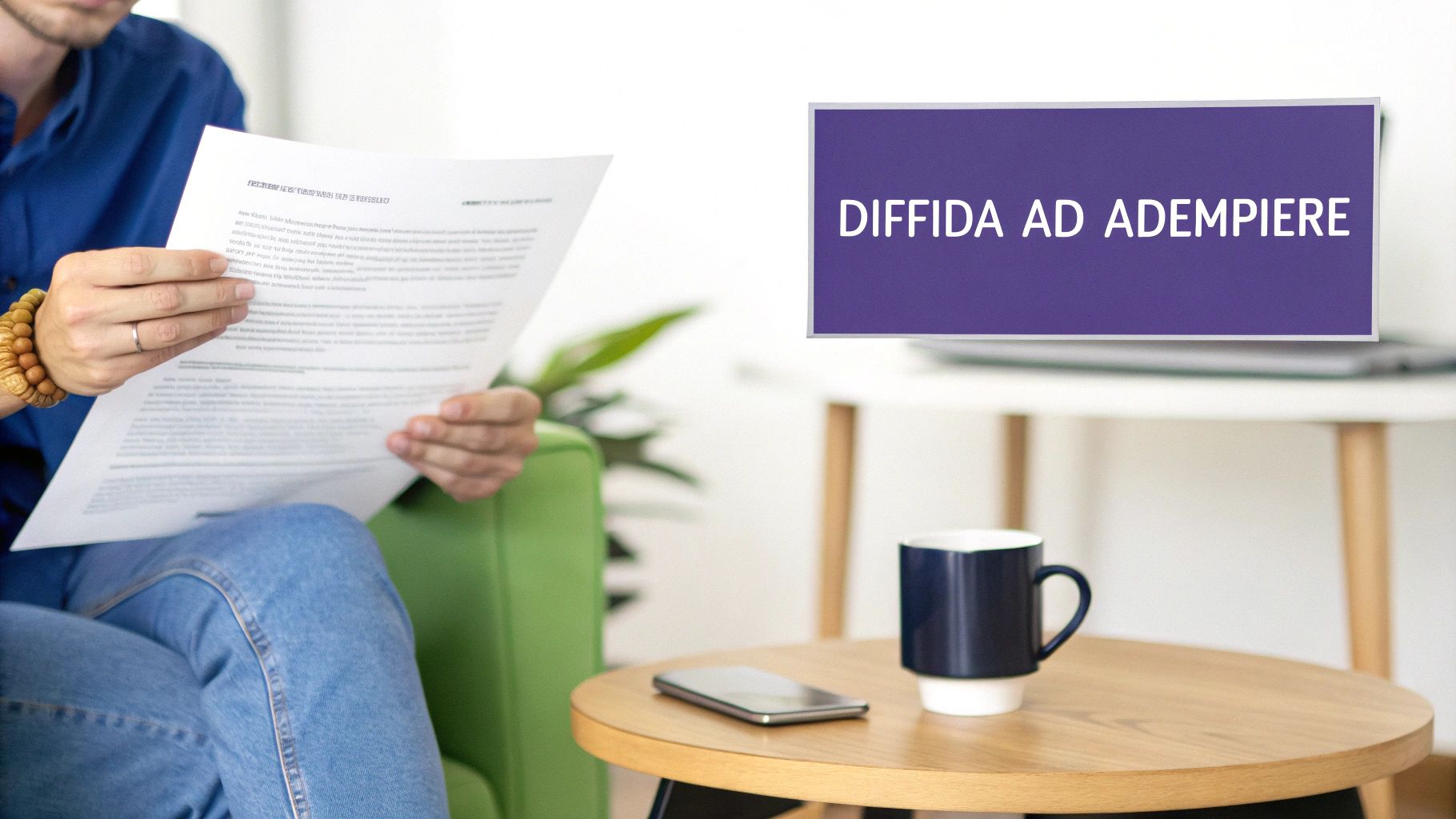 Persona che legge un documento importante con un cartello 'Diffida ad Adempiere'. Ambiente d'ufficio professionale.