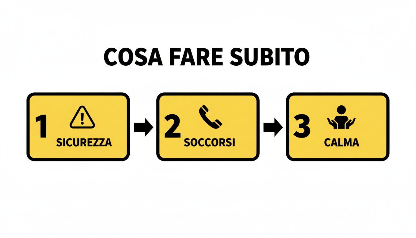 Un diagramma in tre passaggi su cosa fare immediatamente dopo un incidente: sicurezza, soccorsi, calma.