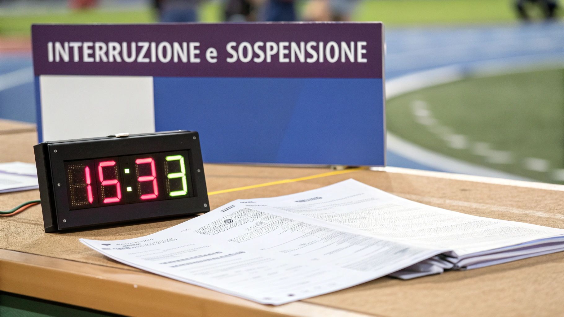 Un timer digitale mostra 15:33 su un tavolo con documenti, davanti a un cartello 'INTERRUZIONE e SOSPENSIONE' in un contesto sportivo.