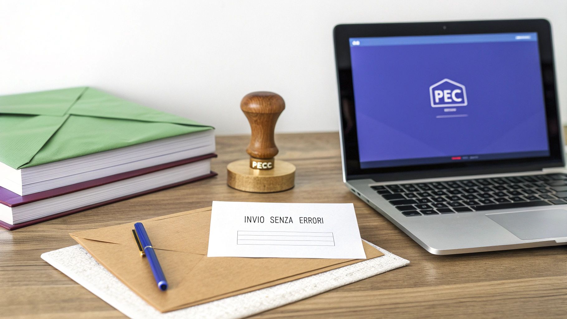 Scrivania con libri, timbro, laptop con logo PEC e busta 'Invio senza errori' per comunicazioni ufficiali.