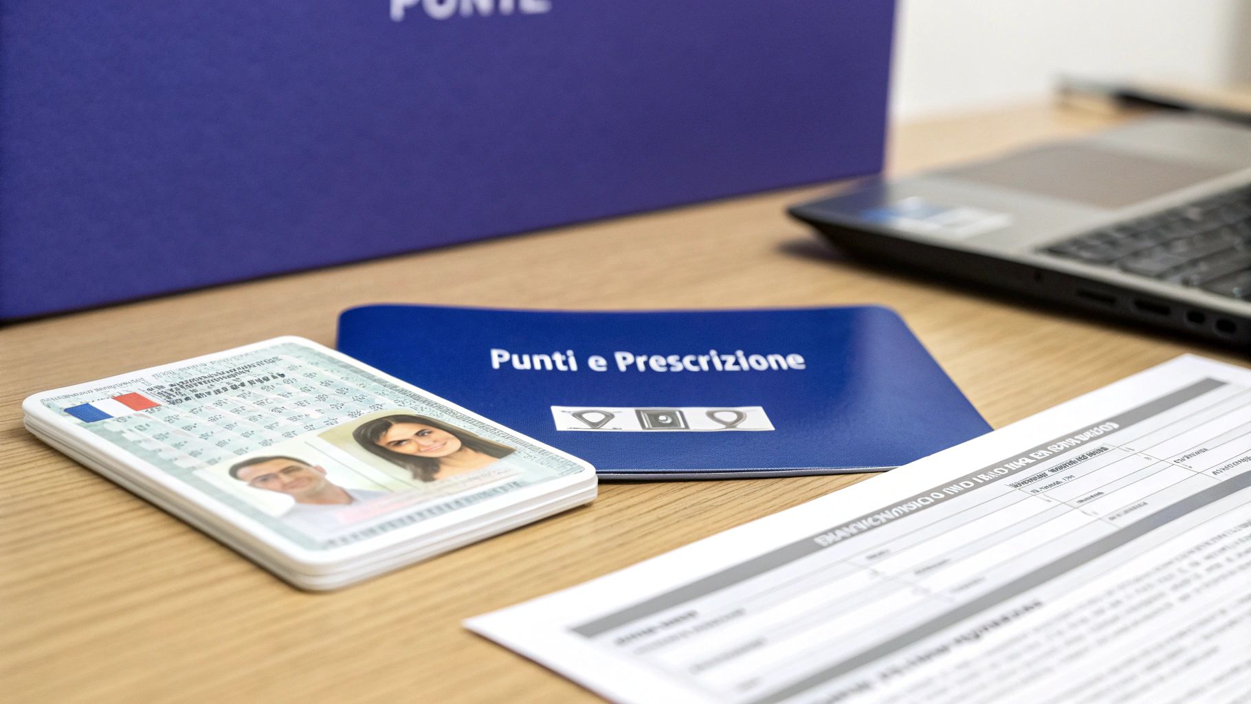 Scrivania con carte d'identità, un opuscolo blu "Punti e Prescrizione" e fogli, con un laptop sullo sfondo.