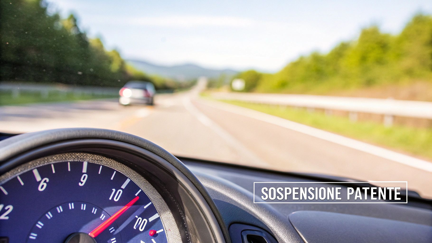 Vista dal parabrezza di un'auto su una strada asfaltata con una macchina davanti, un tachimetro e la scritta "SOSPENSIONE PATENTE".