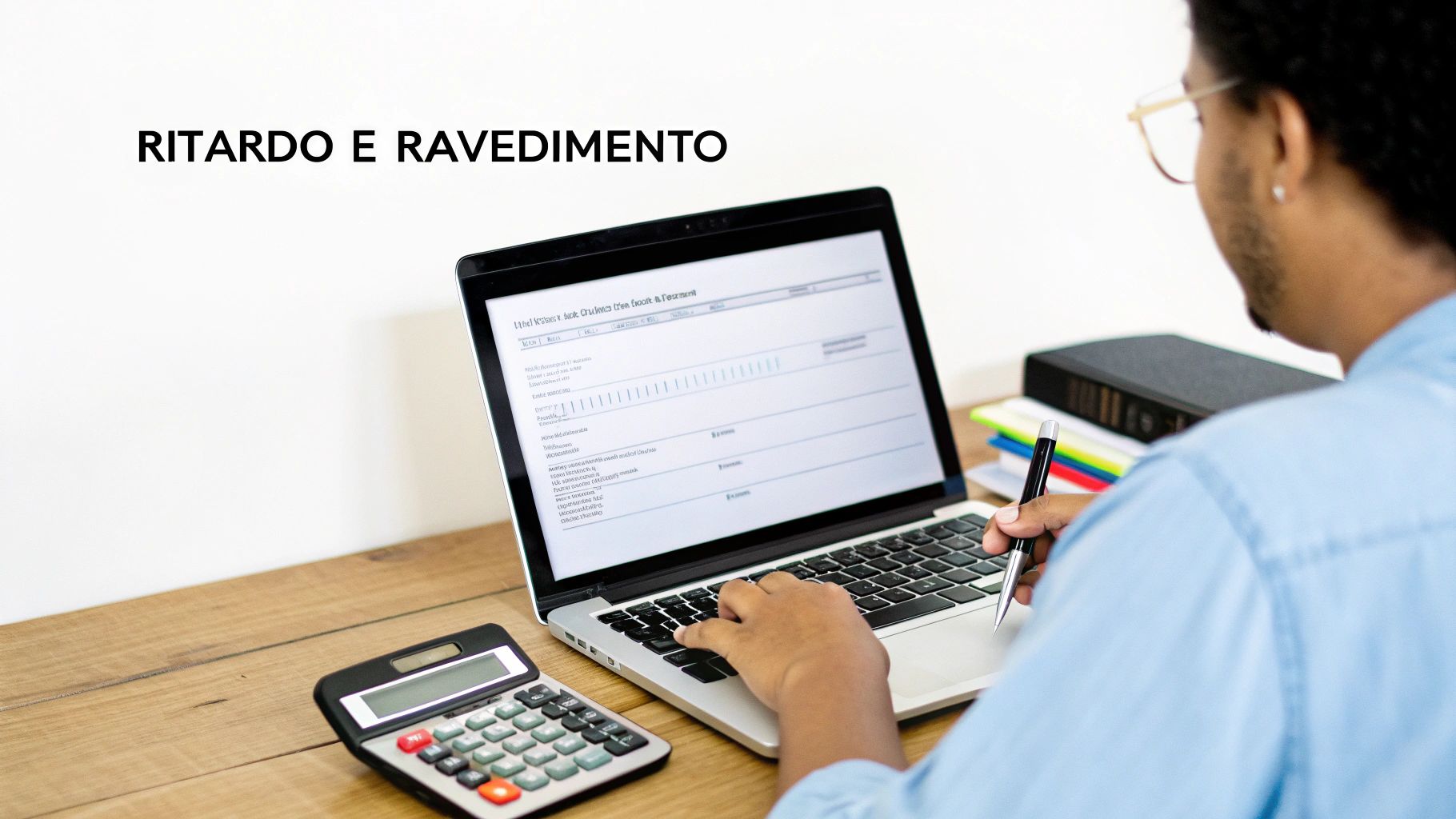 Persona che lavora al computer con calcolatrice per pratiche di ritardo e ravvedimento, sullo sfondo libri.