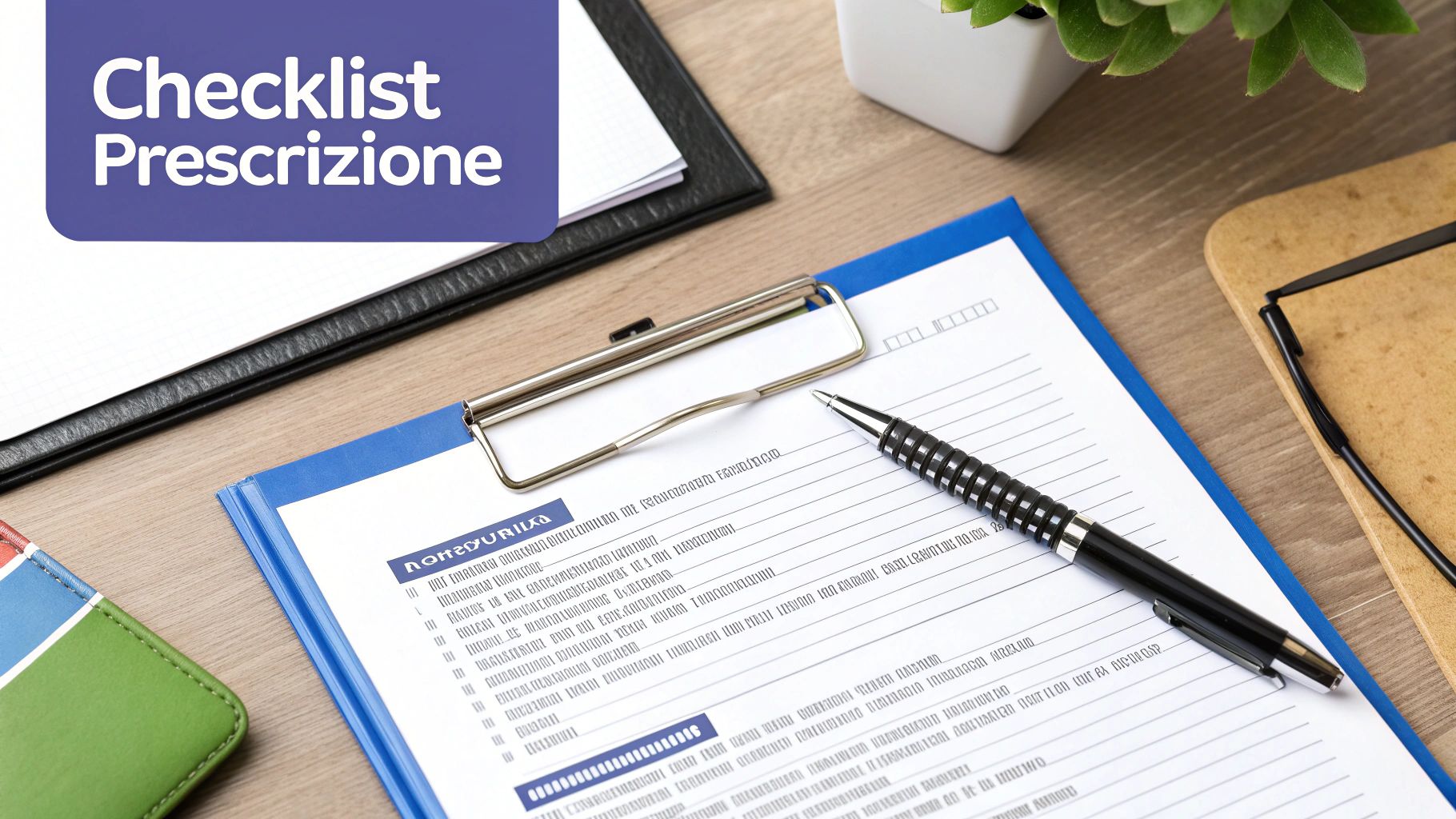 Una clipboard con una checklist di prescrizione, una penna e documenti su una scrivania di legno.