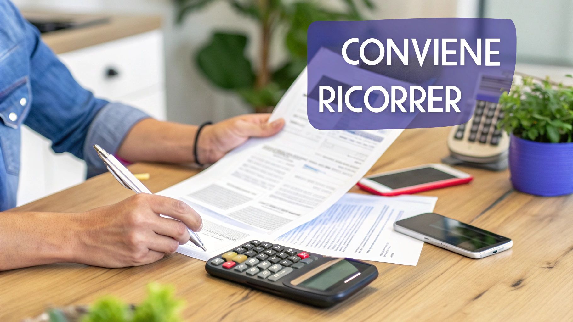 Una persona seduta a un tavolo in legno esamina documenti e scrive con una penna, con calcolatrice e smartphone, mentre il testo "CONVIENE RICORRER" è sovrapposto.