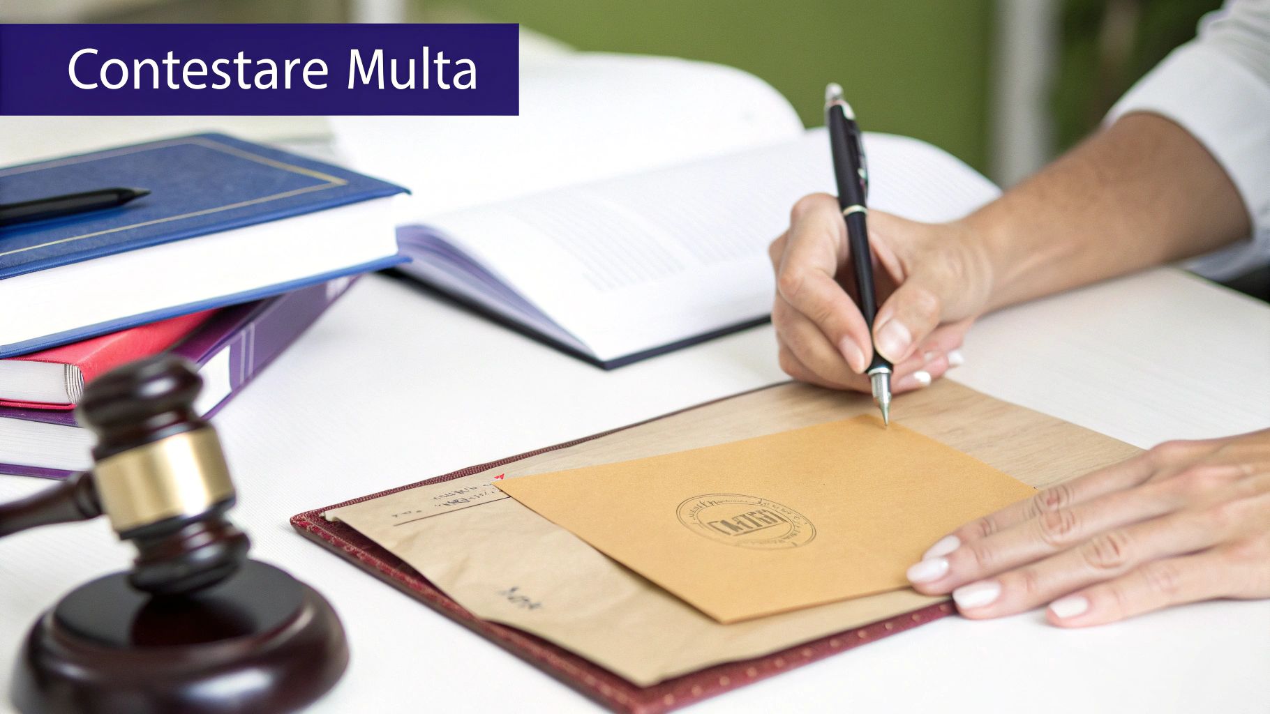 Persona scrive documenti legali per contestare una multa, con libri e martelletto da giudice sul tavolo.