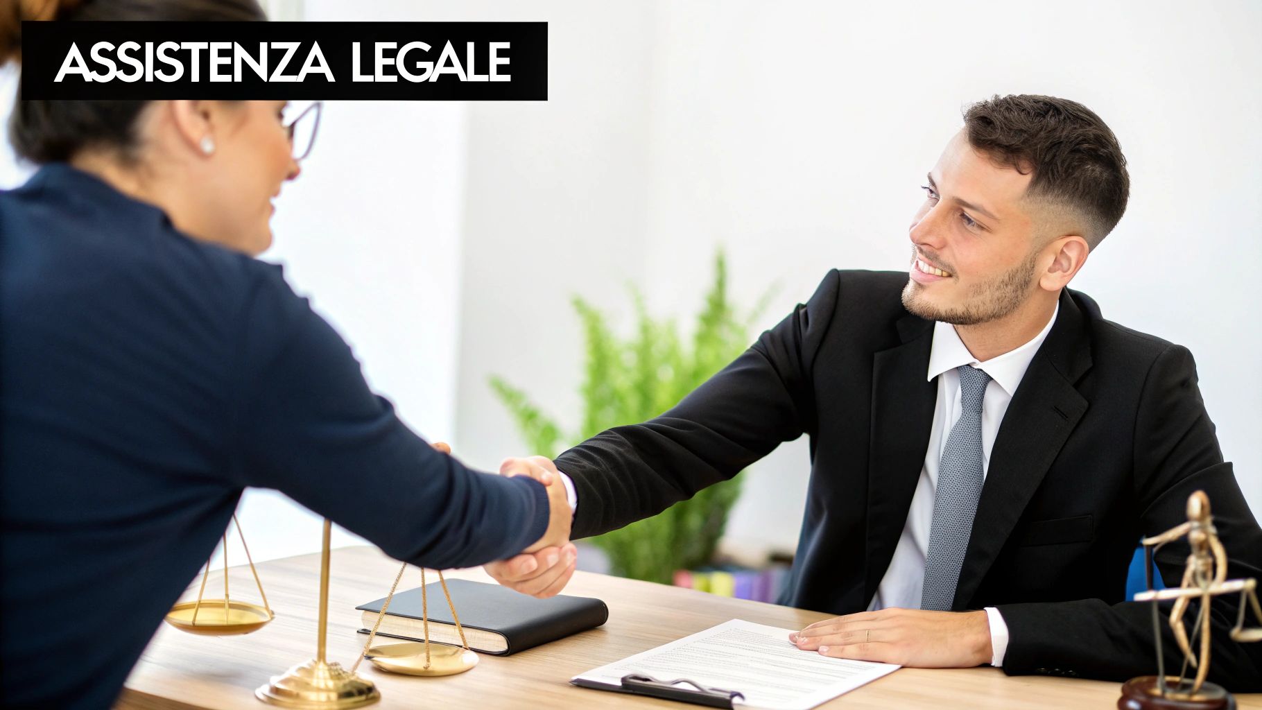 Assistenza legale: due professionisti si stringono la mano in ufficio con bilancia della giustizia e documenti.