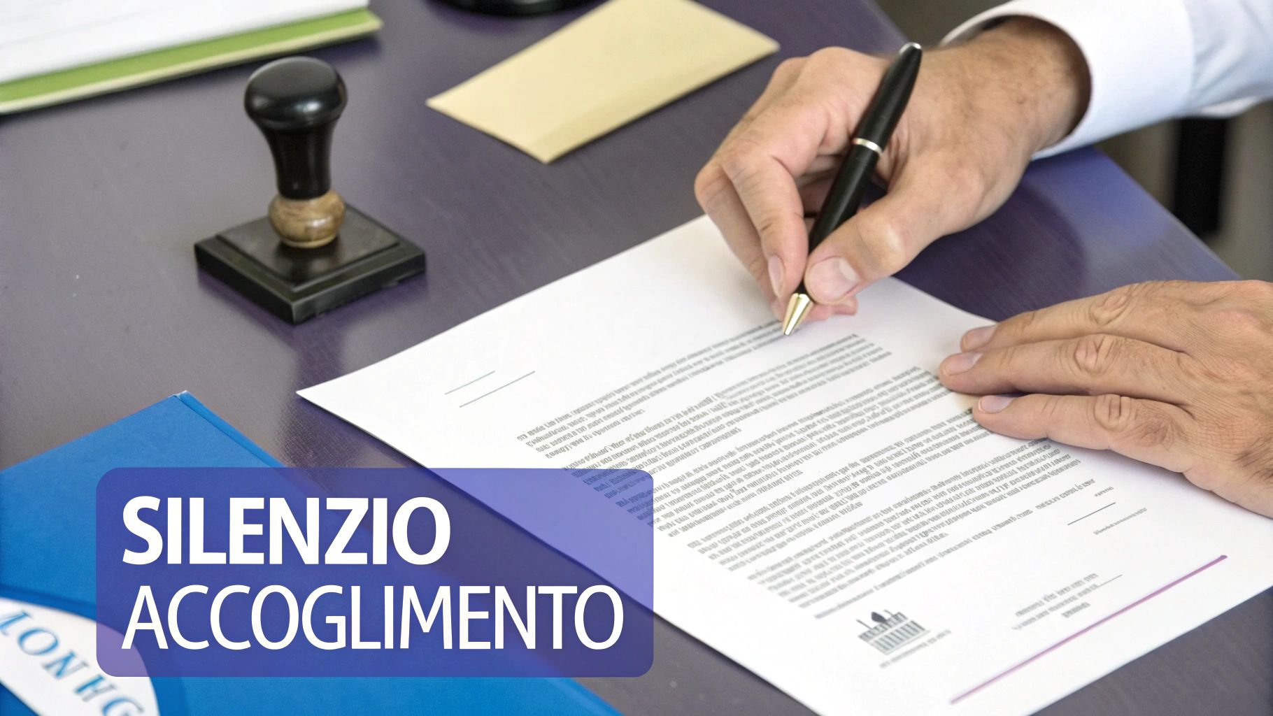 Mani che firmano un documento legale su una scrivania, con un timbro e una cartella blu con la scritta "Silenzio Accoglimento".