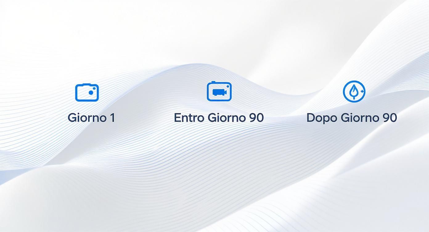 Illustrazione delle fasi temporali: Giorno 1 (fotografia), Entro Giorno 90 (video), Dopo Giorno 90 (natura).