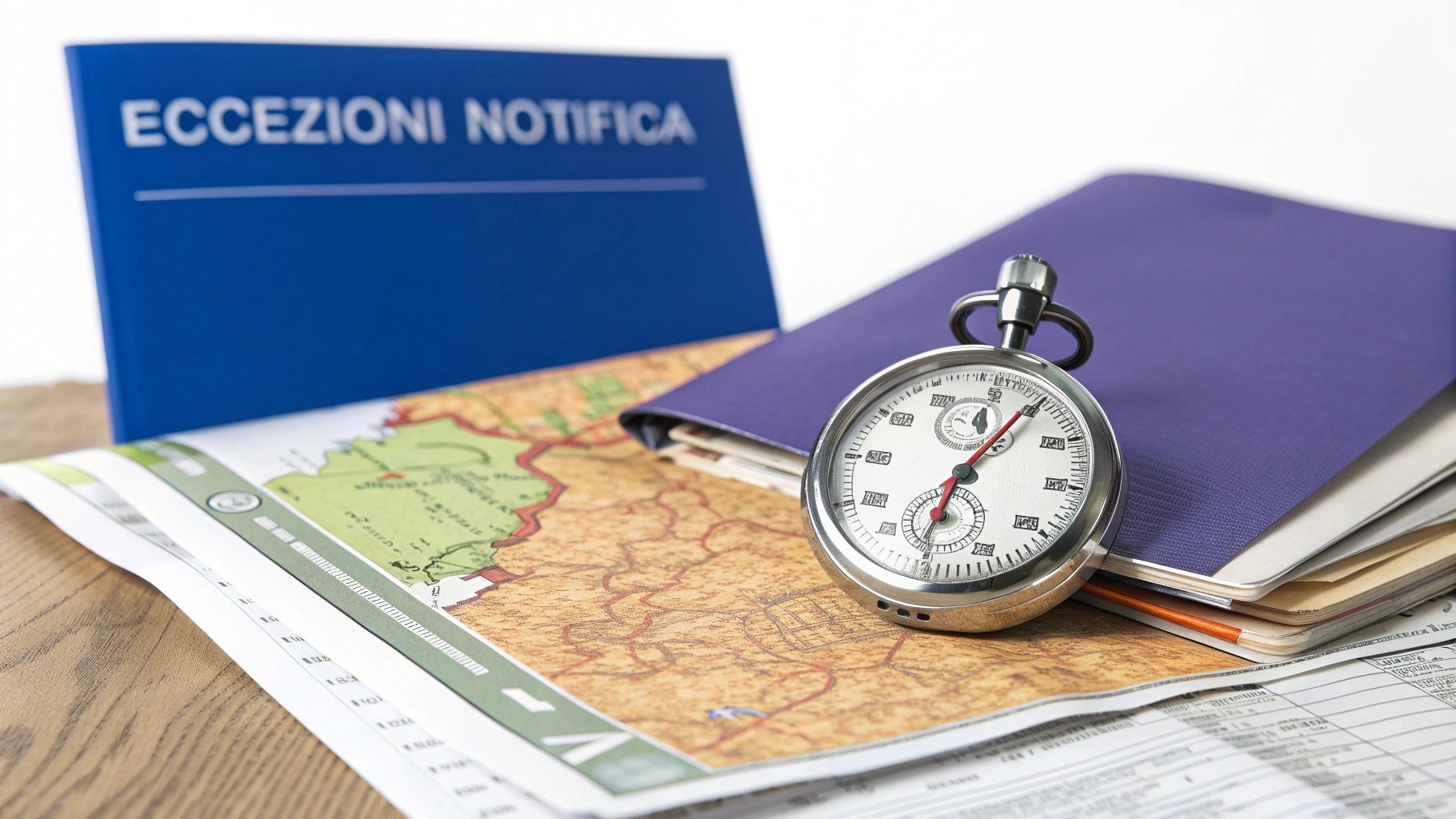 Cartella blu con 'ECCEZIONI NOTIFICA', mappa, raccoglitore viola, cronometro e documenti amministrativi.