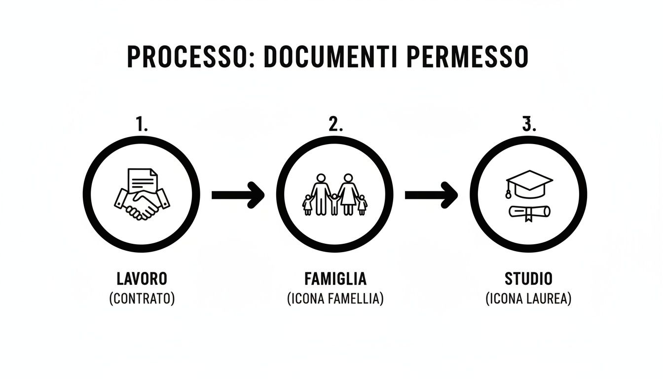 Diagramma di flusso che illustra il processo per ottenere documenti di permesso, con passaggi per lavoro, famiglia e studio.