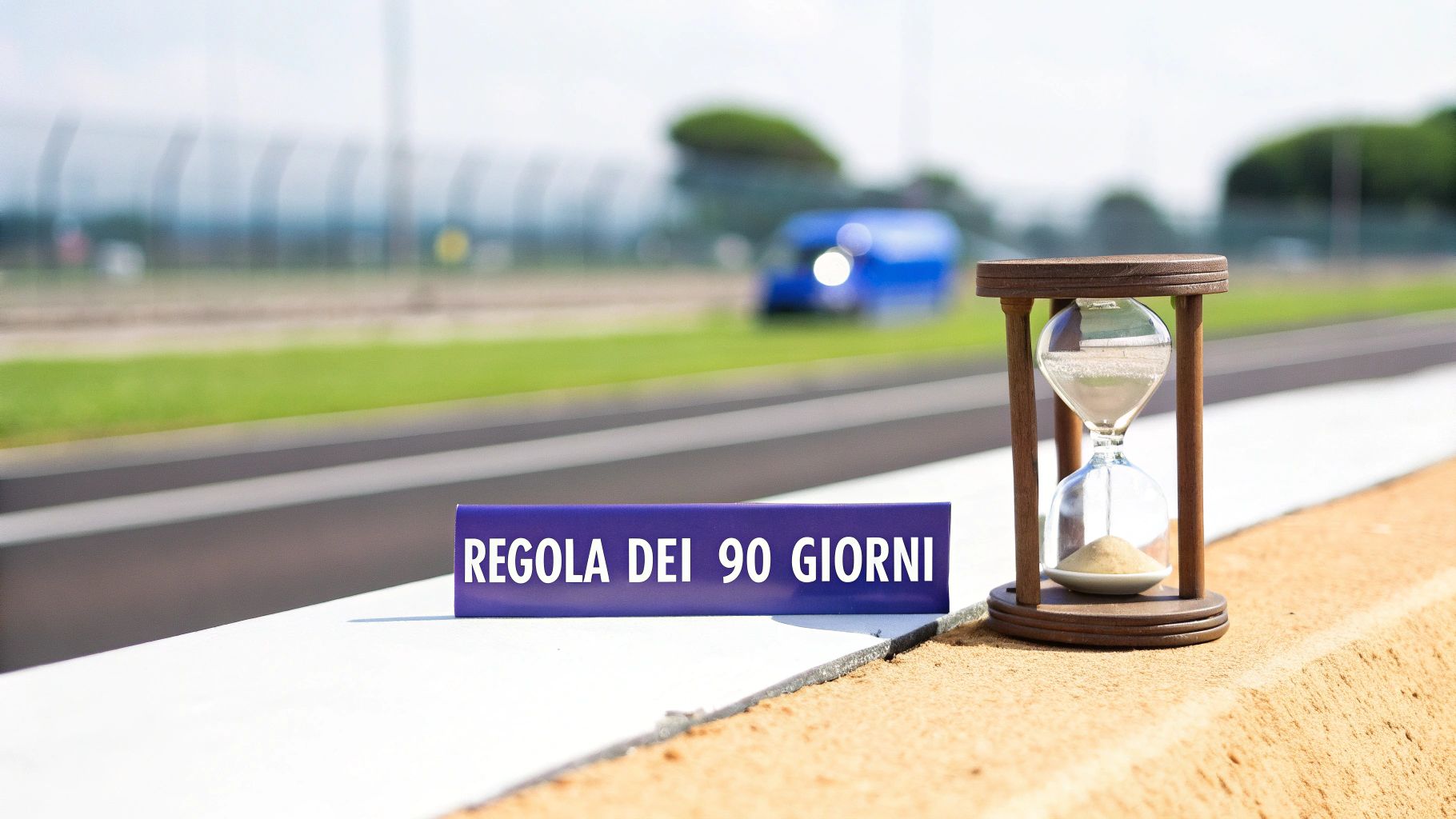 Una clessidra e un cartello con la scritta 'Regola dei 90 giorni' a bordo di una pista, simboleggiando un limite di tempo.