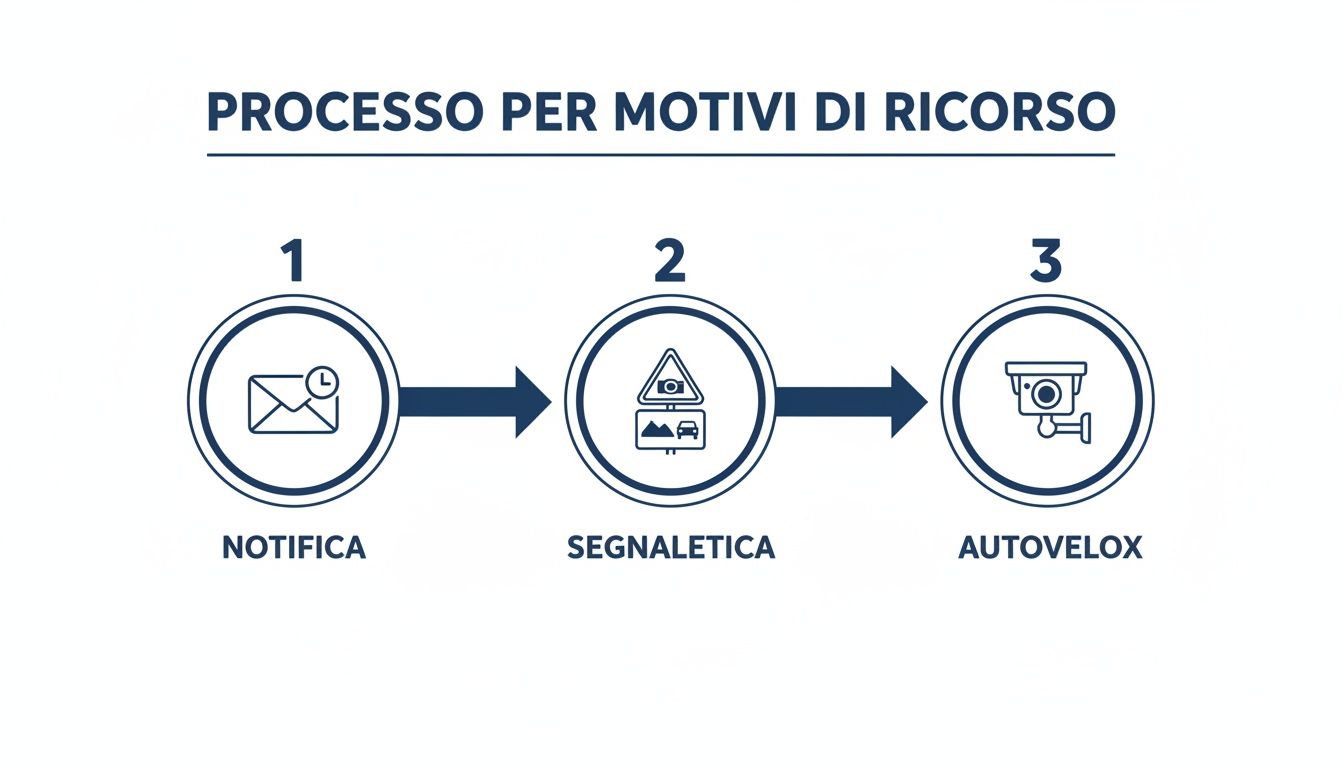 Diagramma che illustra il processo per motivi di ricorso con tre passaggi: notifica, segnaletica e autovelox.