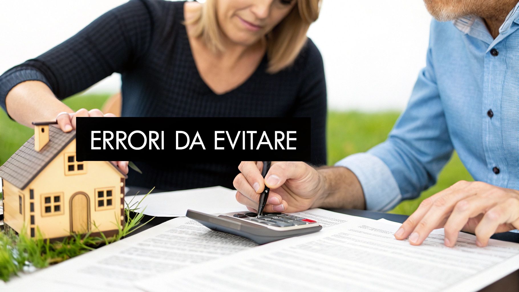 Una coppia esamina documenti e una casa in miniatura, con la scritta "ERRORI DA EVITARE" in primo piano.