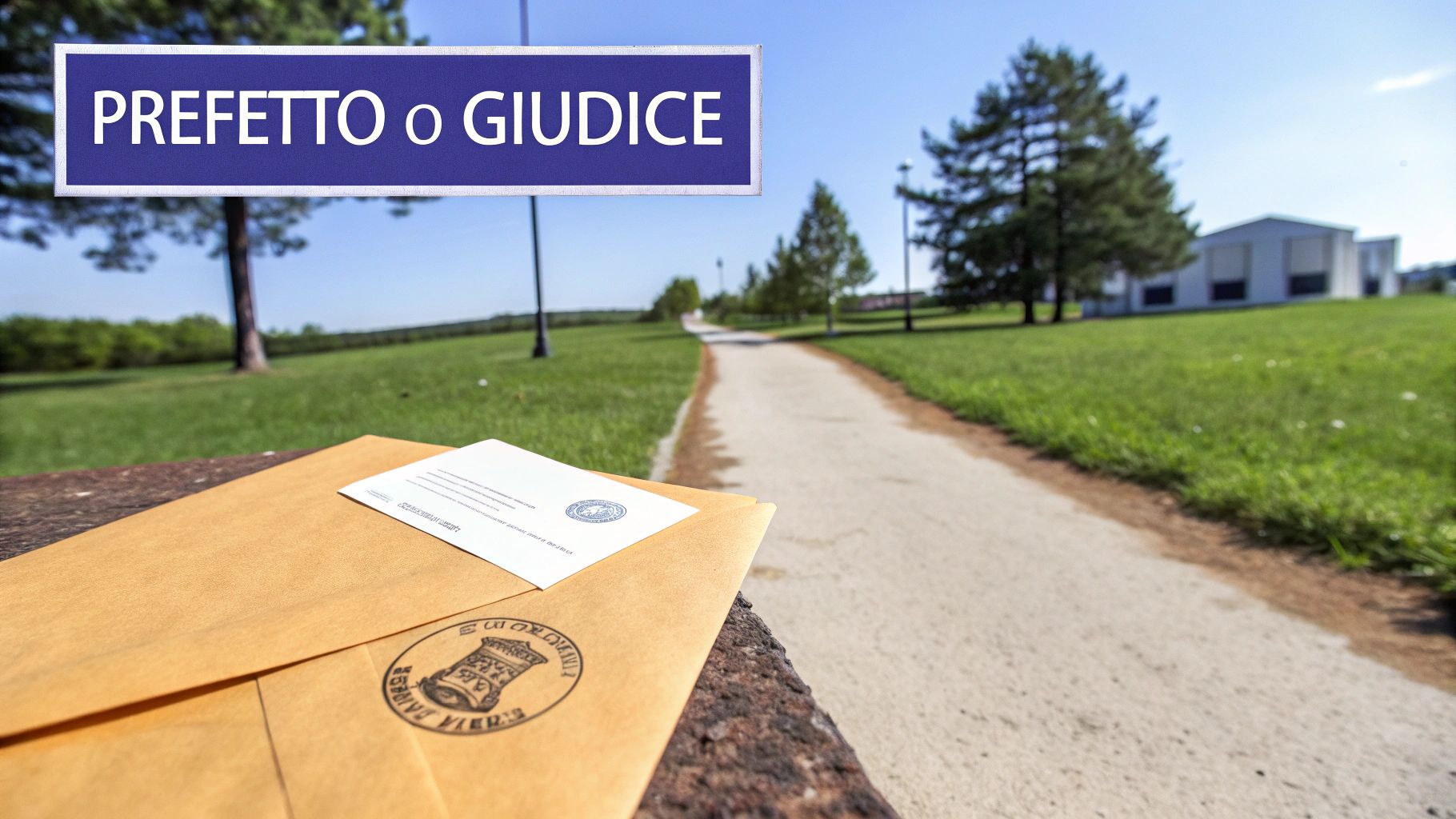 Una busta e un documento su un muretto, con un cartello "PREFETTO o GIUDICE" su un viale alberato.