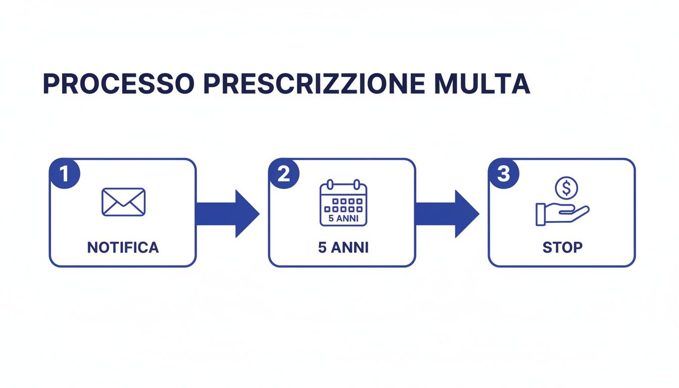 Un diagramma di flusso illustra il processo di prescrizione di una multa, con notifica, scadenza di 5 anni e stop.
