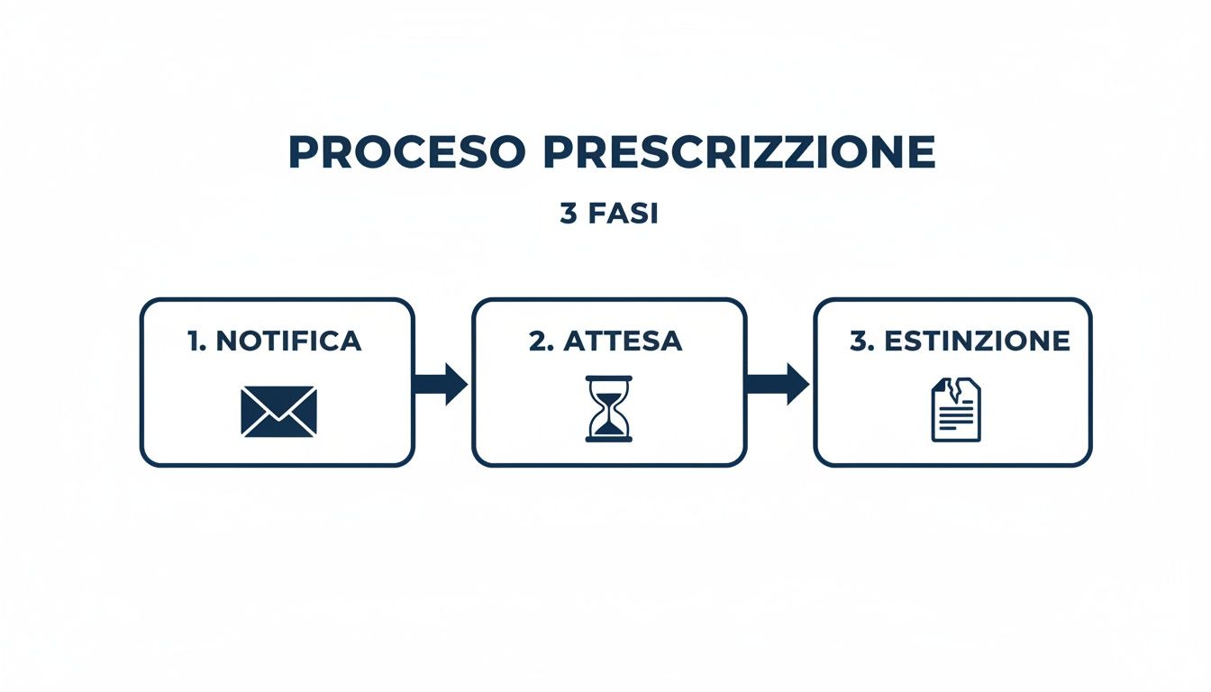 Diagramma di flusso che illustra il processo di prescrizione in 3 fasi: notifica, attesa ed estinzione con icone pertinenti.