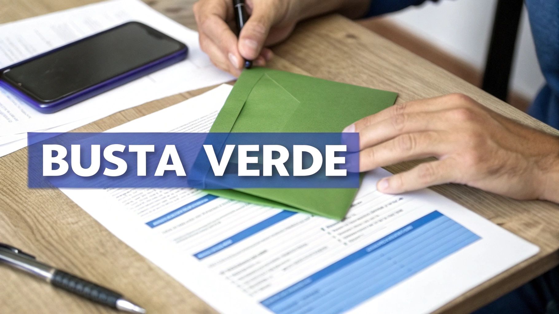 Persona che sigilla una busta verde su una scrivania di legno, con documenti e smartphone visibili.
