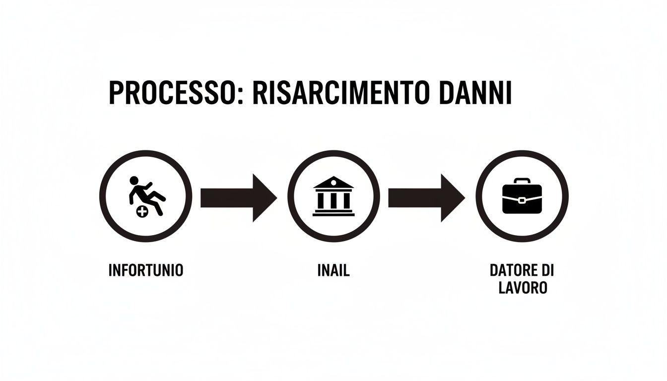 Schema del processo di risarcimento danni, con icone per infortunio, INAIL e datore di lavoro.