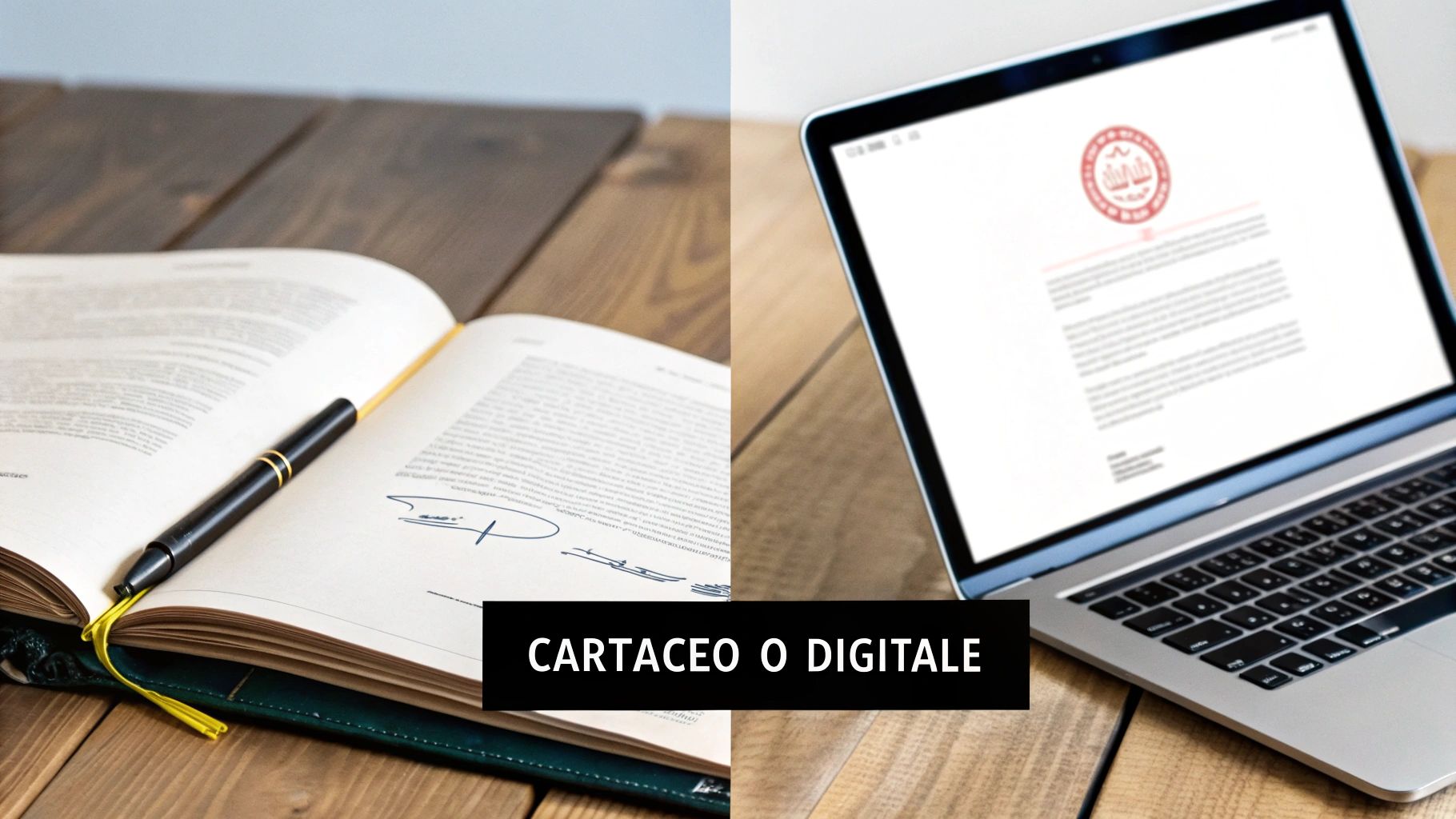 Confronto tra un libro cartaceo firmato con penna e un documento digitale su laptop, evidenziando la scelta tra formati.