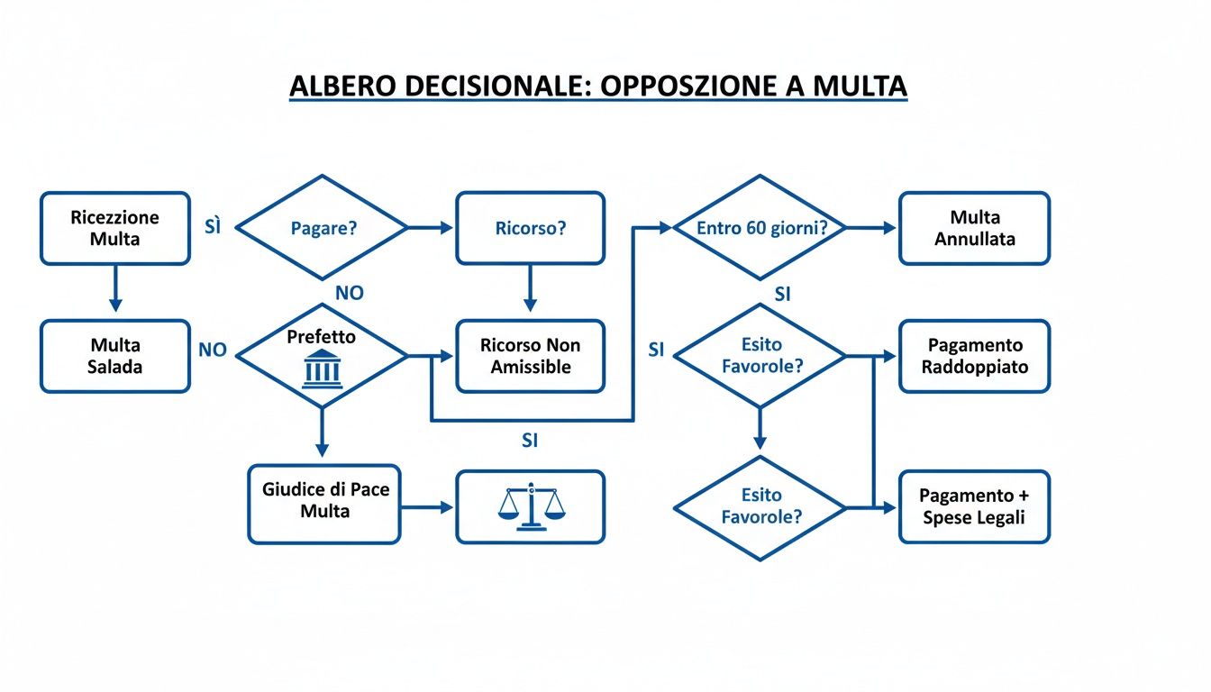Diagramma di flusso sulla procedura per contestare una multa, mostrando le opzioni e gli esiti legali.