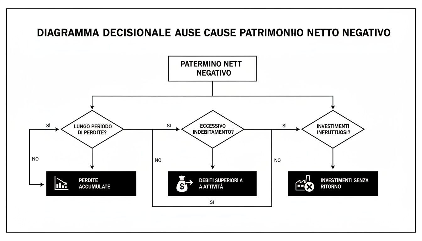 Diagramma decisionale che esplora le cause principali di un patrimonio netto negativo, analizzando perdite, debiti e investimenti.