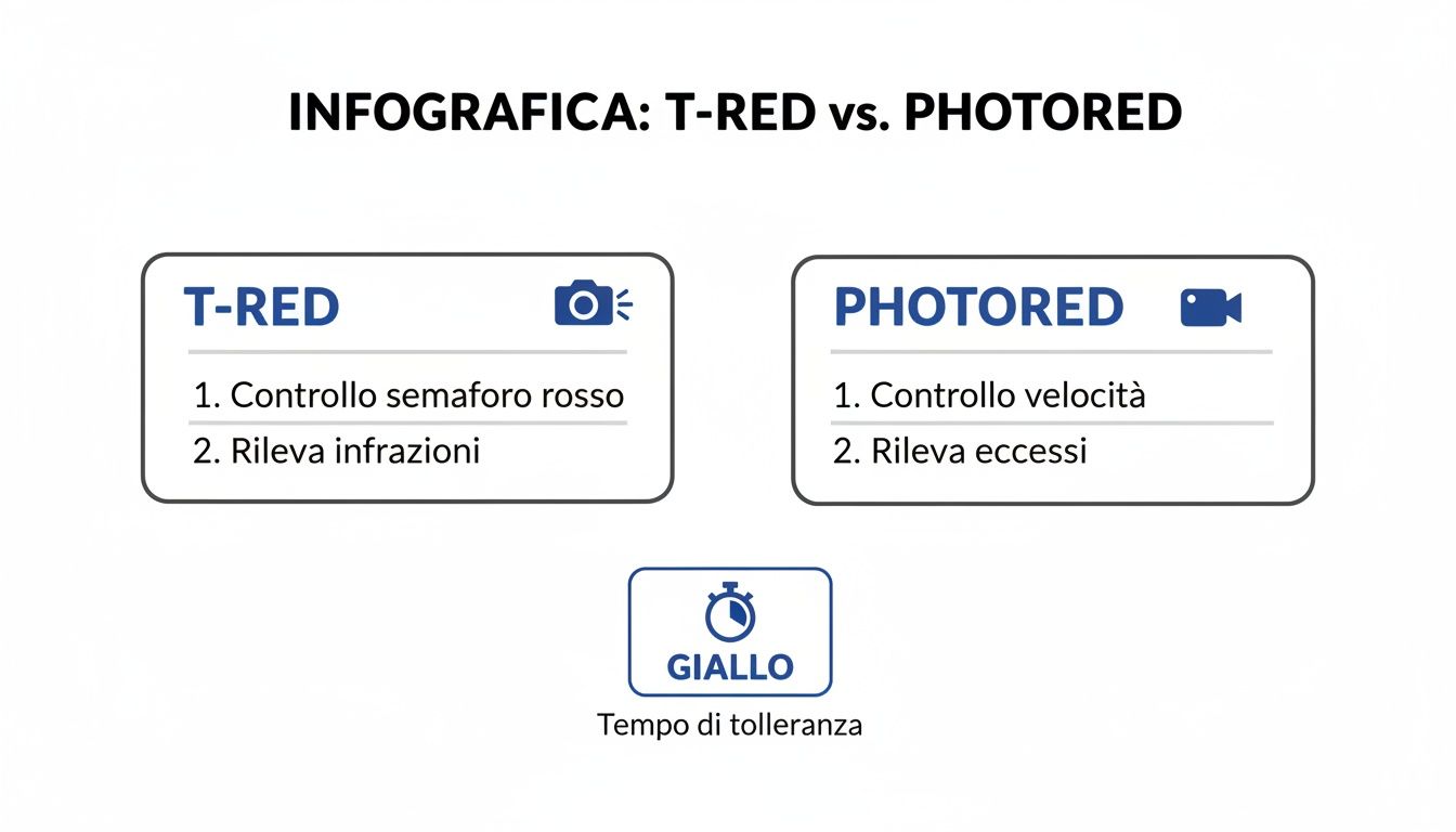Infografica che confronta T-RED e PHOTORED, descrivendo il controllo semaforico, la velocità e il tempo di tolleranza.