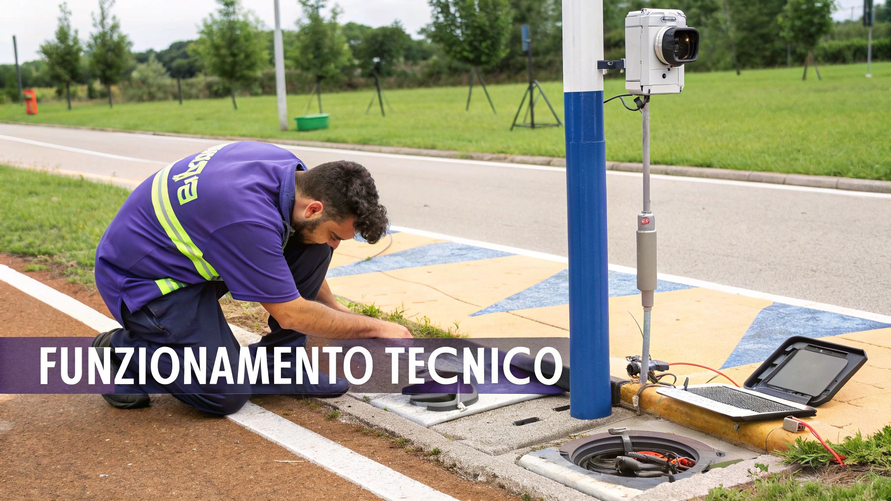 Un tecnico in uniforme esegue manutenzione su apparecchiature stradali con un laptop.