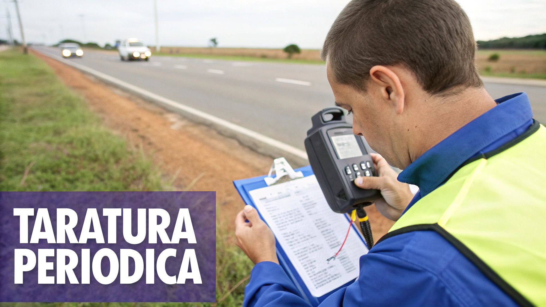 Un tecnico specializzato mentre esegue la manutenzione su un dispositivo autovelox sul ciglio della strada