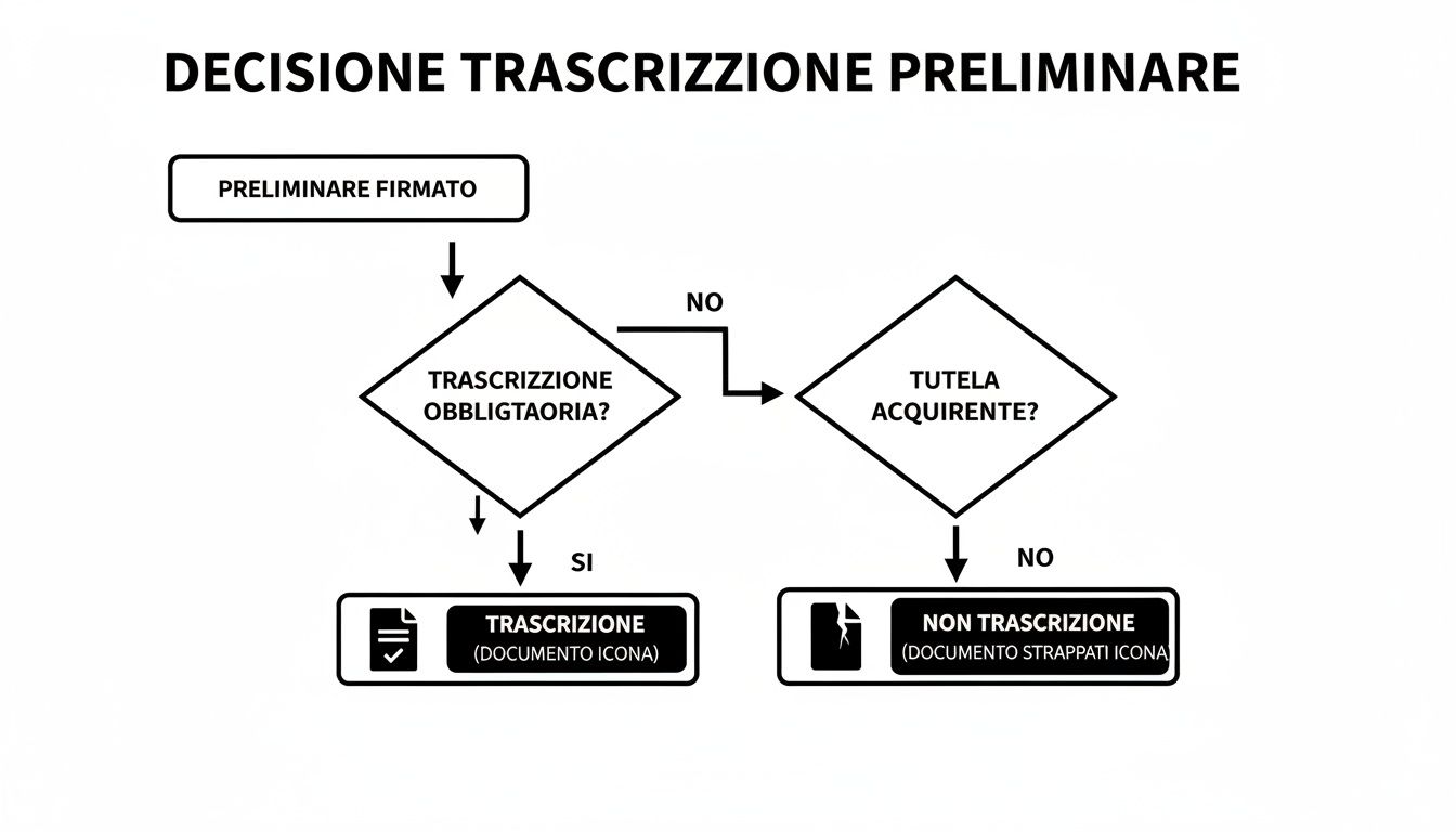 Diagramma di flusso che illustra la decisione sulla trascrizione preliminare di un contratto, considerando obbligatorietà e tutela dell'acquirente.