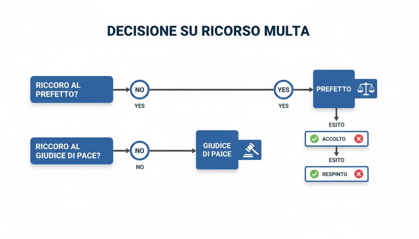 Diagramma di flusso che illustra le opzioni per il ricorso contro una multa: al Prefetto o al Giudice di Pace.