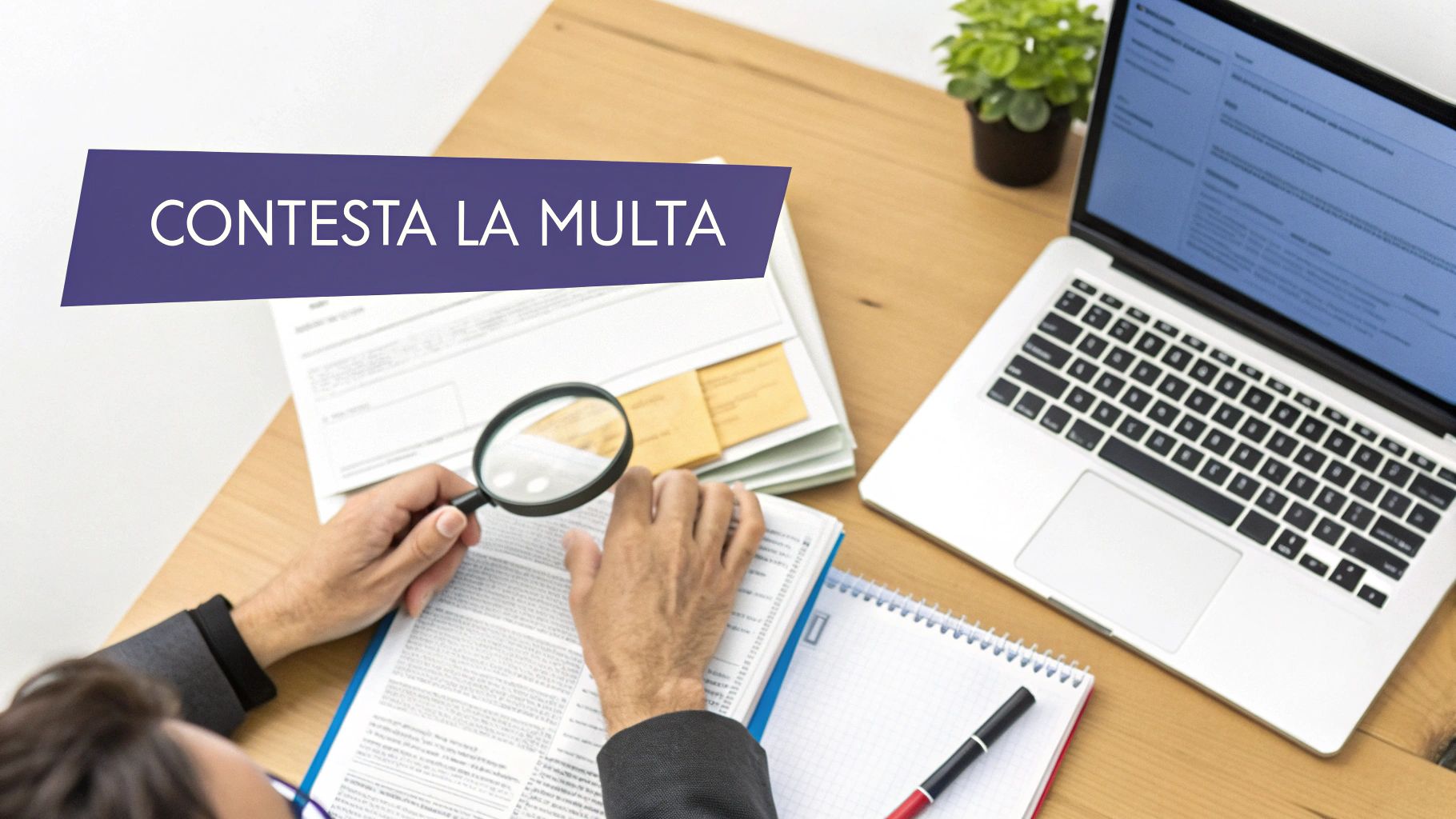 Una persona che esamina attentamente un verbale di multa su una scrivania.