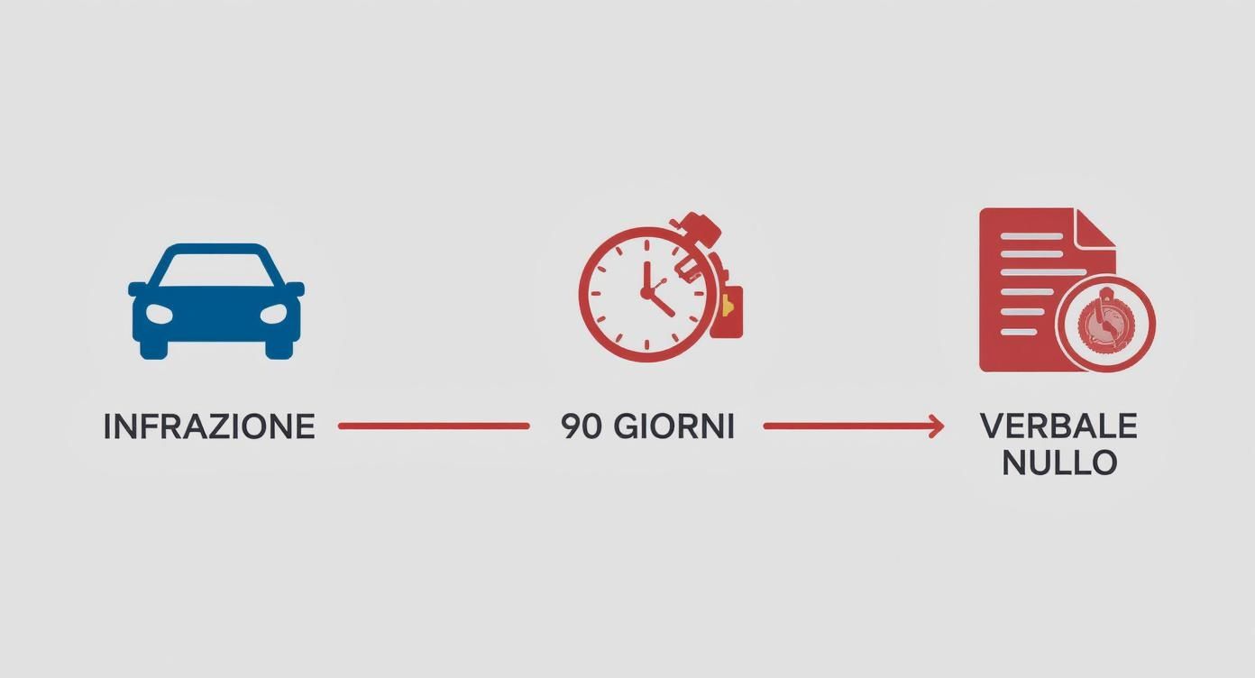 Infografica che mostra il processo di prescrizione delle multe automobilistiche entro 90 giorni con verbale nullo