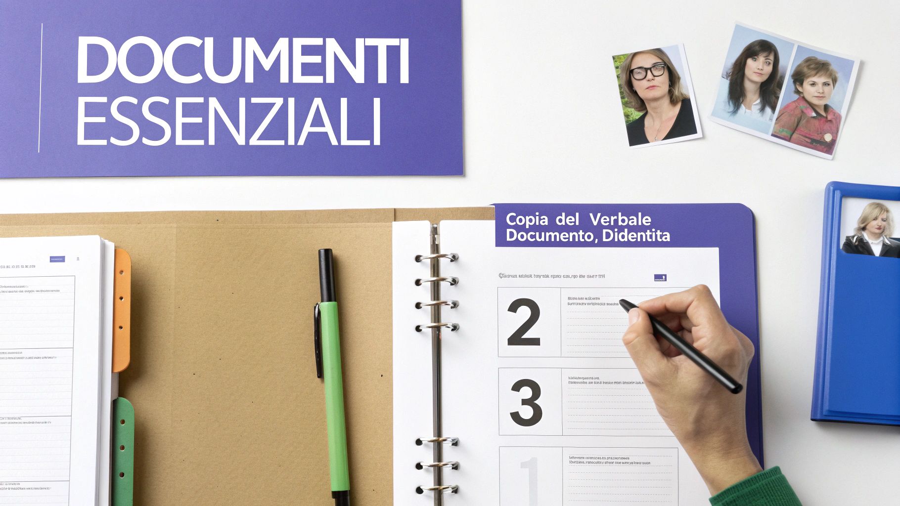 Scrivania con documenti essenziali, una penna e una mano che scrive, con foto di identità.