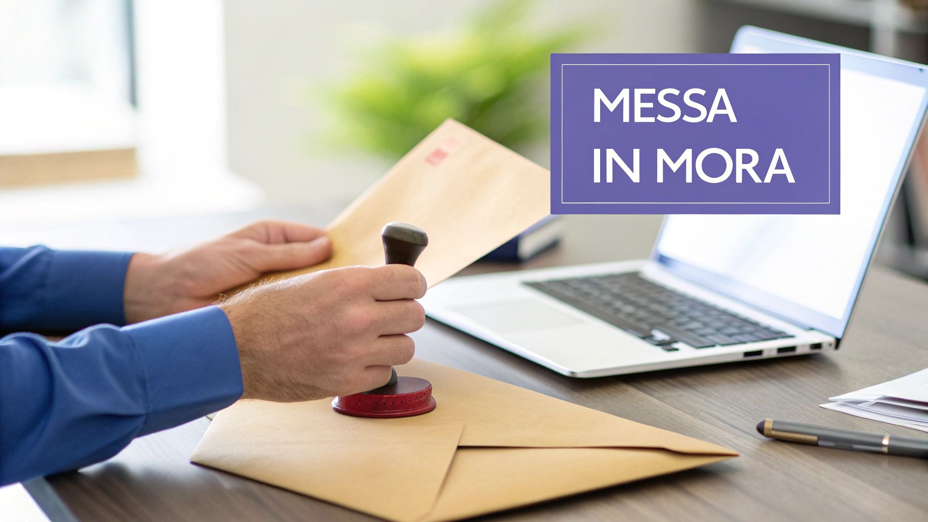 Una persona firma una lettera di messa in mora su una scrivania di legno