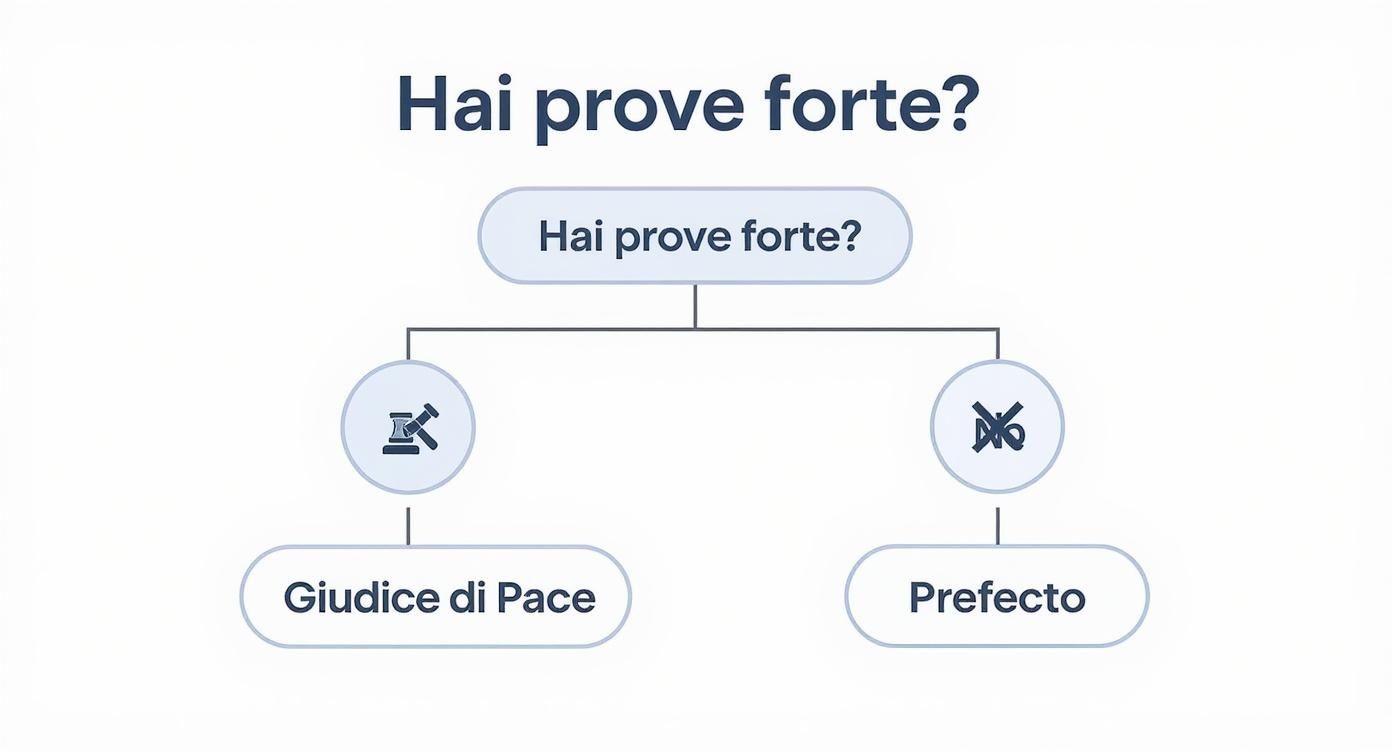 Infografica che mostra un albero decisionale per scegliere tra Giudice di Pace e Prefetto per un ricorso multa autovelox