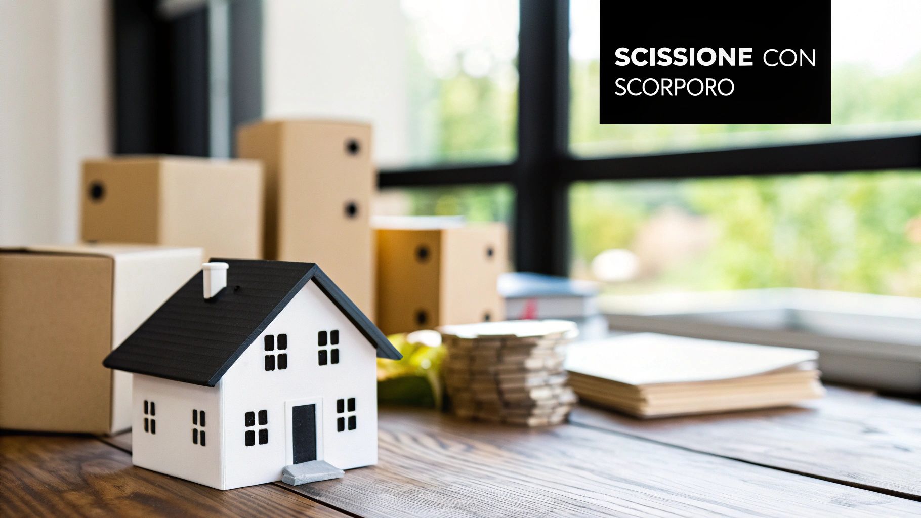 Modello di casa su tavolo di legno con scatole di cartone e documenti, simbolo di trasloco o proprietà. In alto a destra, testo 'SCISSIONE CON SCORPORO'.