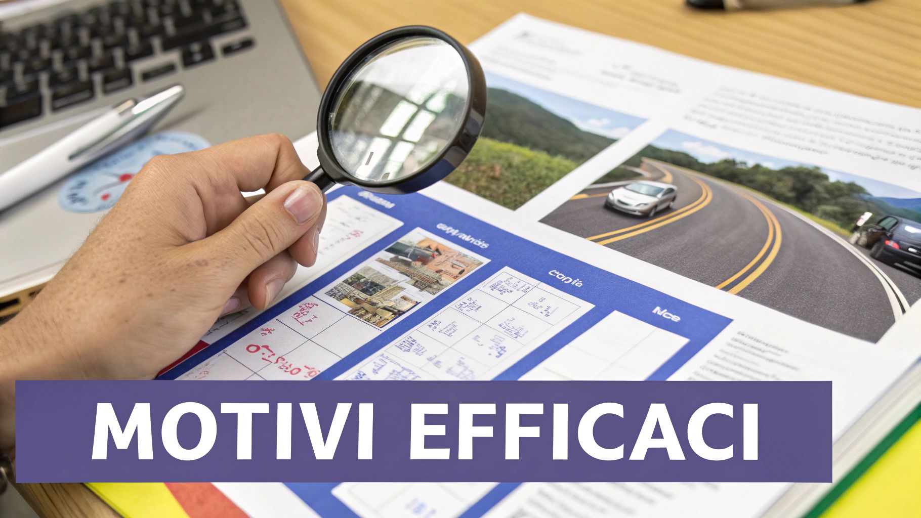 Mano con lente d'ingrandimento esamina documenti e report, con laptop e immagini di auto su strada.