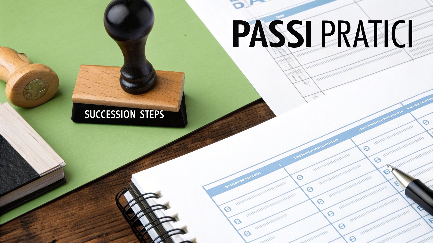 Documenti e timbro con 'SUCCESSION STEPS', penna e fogli per 'PASSI PRATICI' di successione.