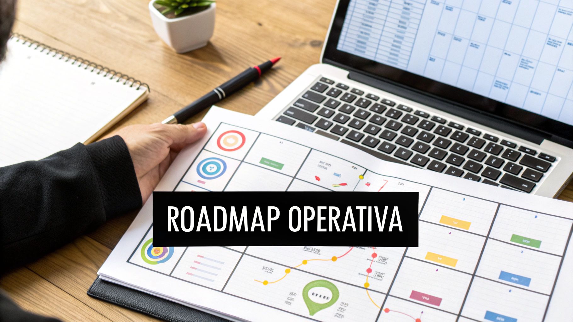 Mani che tengono un documento con grafici e la scritta "ROADMAP OPERATIVA" su una scrivania con laptop e taccuino.