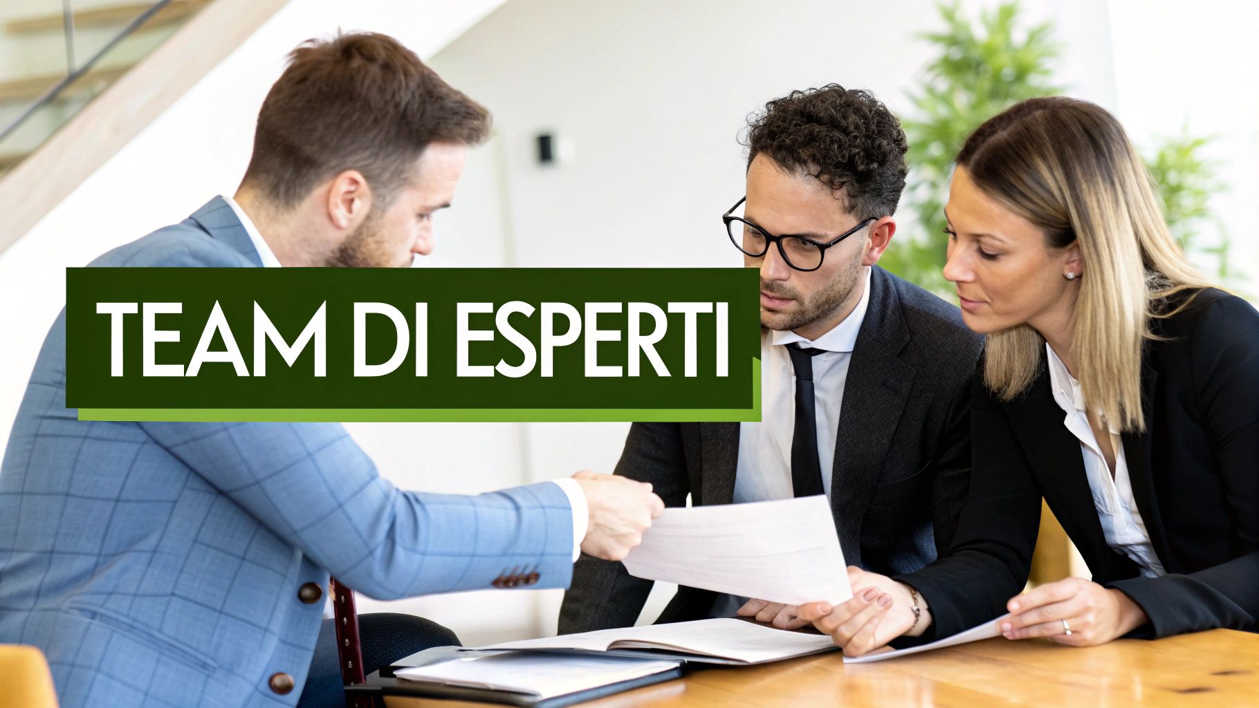 Tre professionisti discutono documenti in una riunione, con la scritta "TEAM DI ESPERTI" in primo piano.