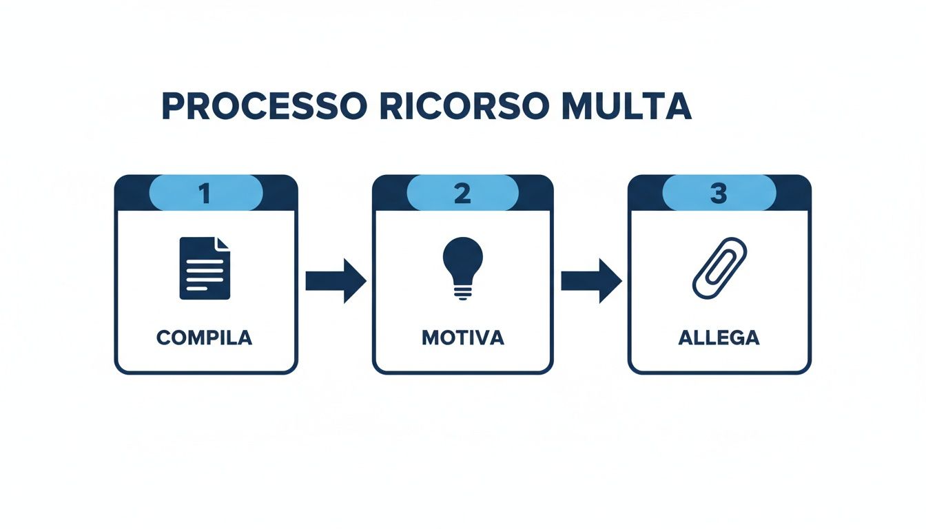 Schema visivo del processo di ricorso per una multa, con tre passaggi: compila, motiva e allega documenti.