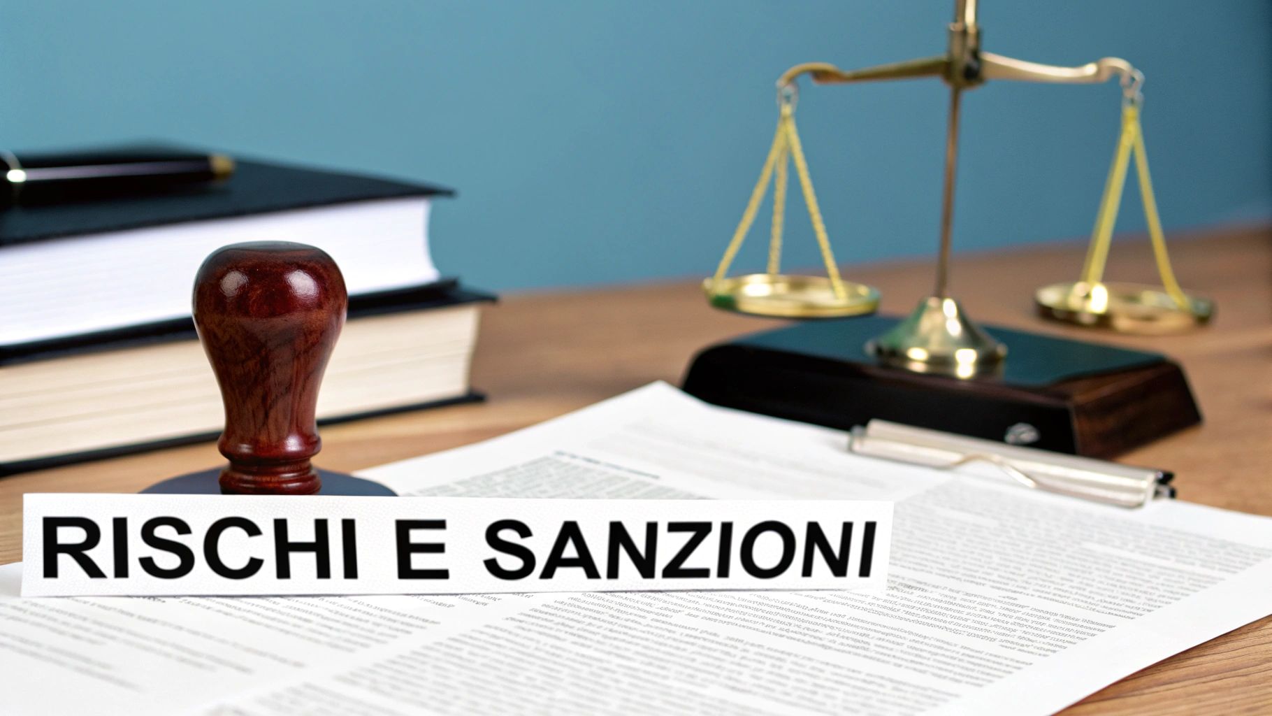 Un tavolo con bilancia della giustizia, timbro, libri di diritto e un documento che recita 'Rischi e Sanzioni'.