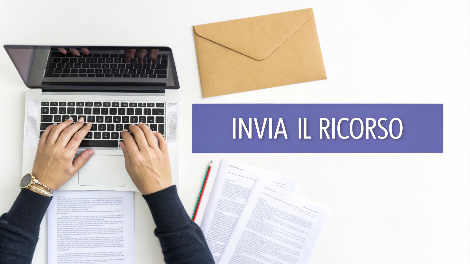 Documenti e una penna su una scrivania, pronti per essere compilati per un ricorso