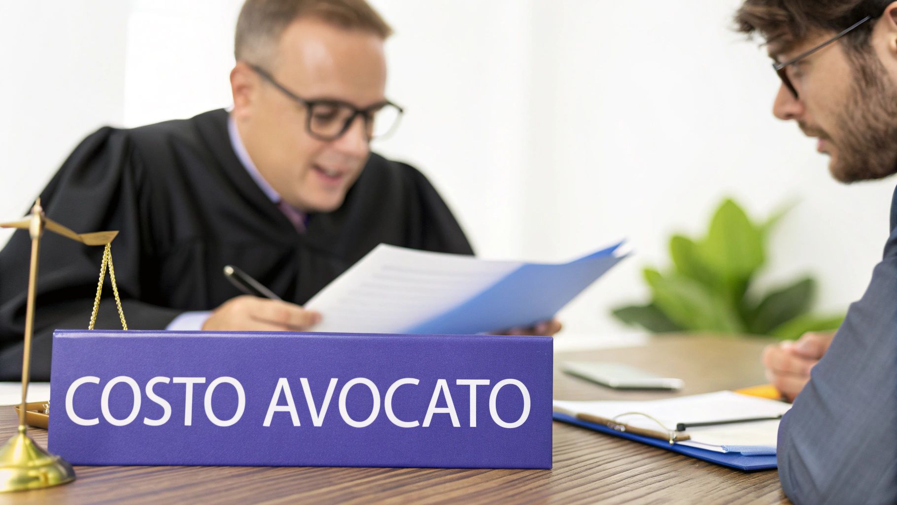 Un avvocato in toga discute documenti con un cliente, con in primo piano il cartello 'Costo Avvocato' e le bilance della giustizia.