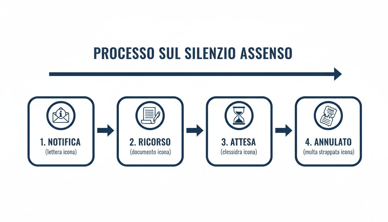 Diagramma di flusso che illustra il processo sul silenzio assenso, dalla notifica all'annullamento con icone.