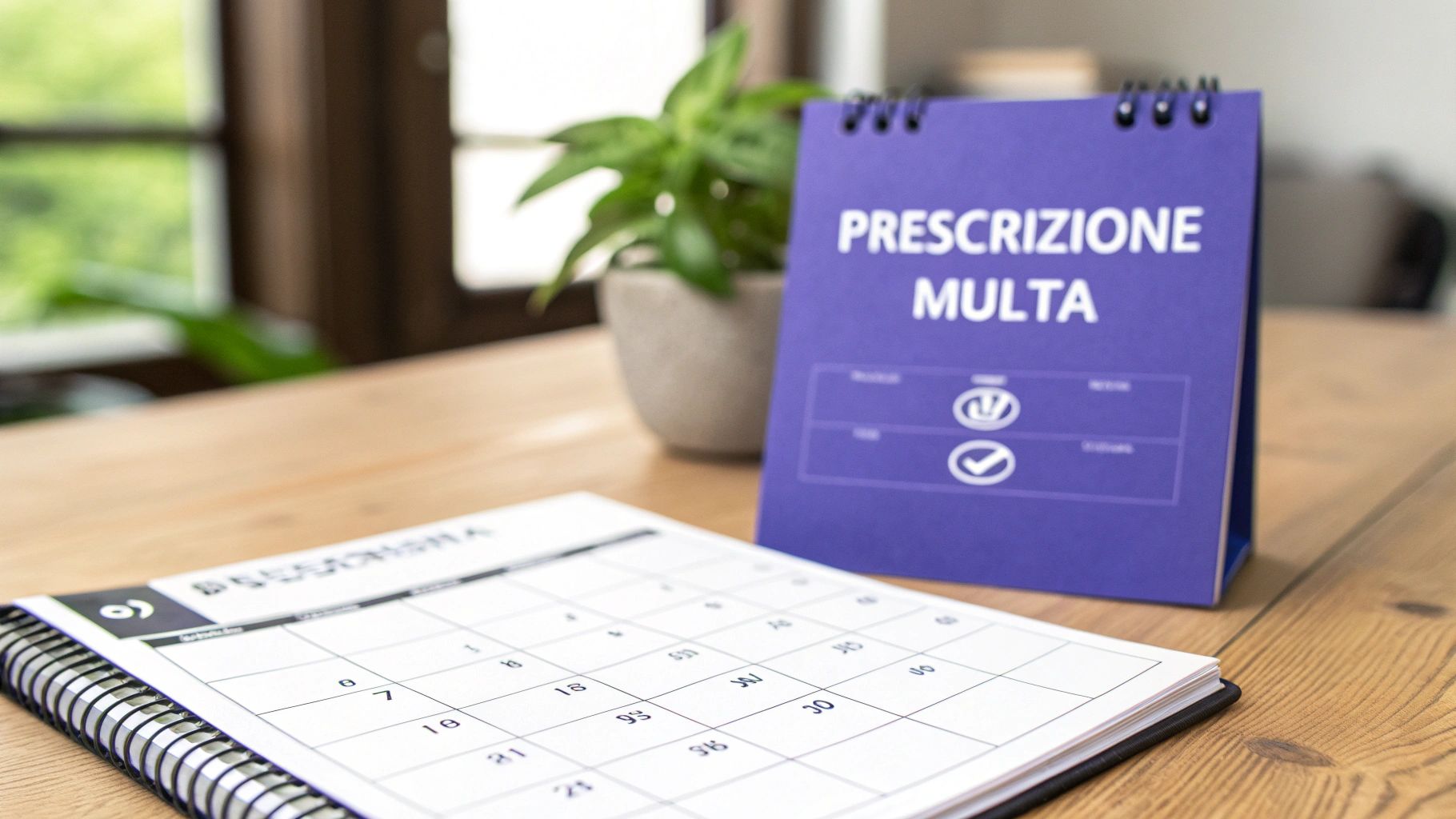 Calendario aperto su una scrivania con un cartello viola che indica 'PRESCRIZIONE MULTA'.